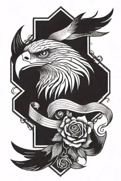 eagle head and rose with ribbon intertwined within tattoo design idea