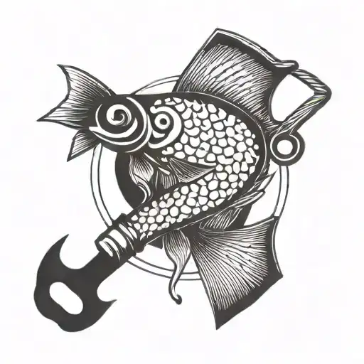 A blackwork tattoo of a carpenter's hammer morphing into a school of colorful fish swimming in a circle tattoo design idea