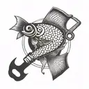 A blackwork tattoo of a carpenter's hammer morphing into a school of colorful fish swimming in a circle tattoo design idea