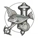 A blackwork tattoo of a carpenter's hammer morphing into a school of colorful fish swimming in a circle tattoo design idea