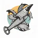 A blackwork tattoo of a carpenter's hammer morphing into a school of colorful fish swimming in a circle tattoo design idea
