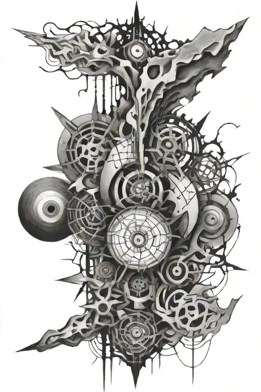 An abstract representation of entropy, with chaotic patterns and elements breaking down into disorder tattoo design idea