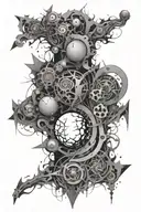 An abstract representation of entropy, with chaotic patterns and elements breaking down into disorder tattoo design idea