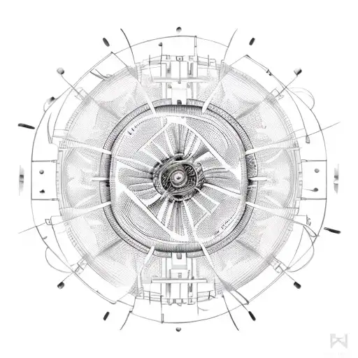 A mechanical engineering blueprint of a tennis racket intertwined with circuit board patterns tattoo design idea