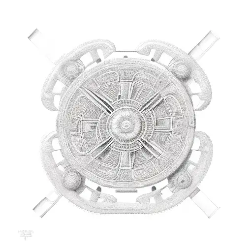 An intricate design of a tennis court with gears and pulleys, symbolizing the precision of engineering and tennis tattoo design idea