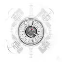 A mechanical engineering blueprint of a tennis racket intertwined with circuit board patterns tattoo design idea