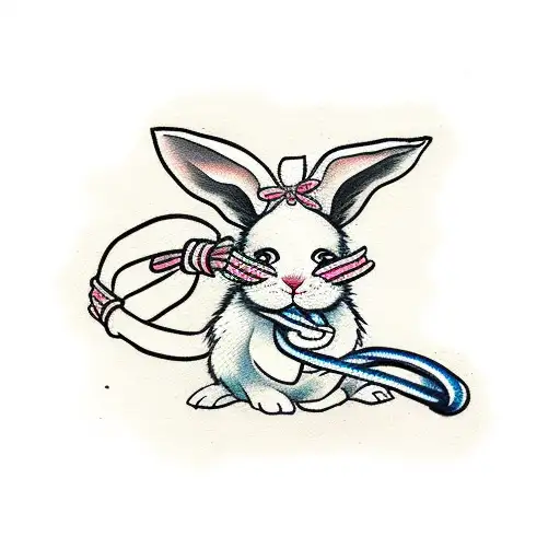 A cute bunny rabbit tied up with rope in a Japanese style tattoo design idea
