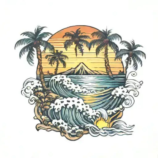 a california beach scene at sunrise, A great wave, palm trees, the sun Fire pit tattoo design idea