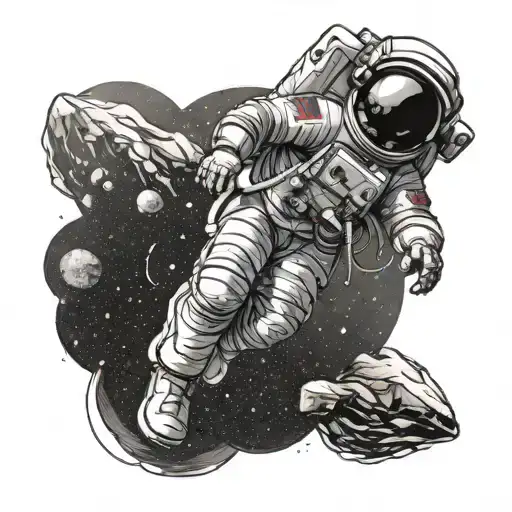 Curious Astronaut floating in space. Linework behind him. Space behind him tattoo design idea
