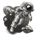 Curious Astronaut floating in space. Linework behind him. Space behind him tattoo design idea