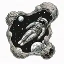 Curious Astronaut floating in space. Linework behind him. Space behind him tattoo design idea