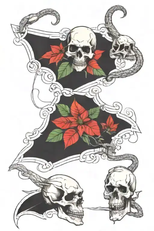 sleeve - two coffins, poinsettia, dinosaur skull, snakes and fried wires, skulls on pikes, hellbound knight tattoo design idea