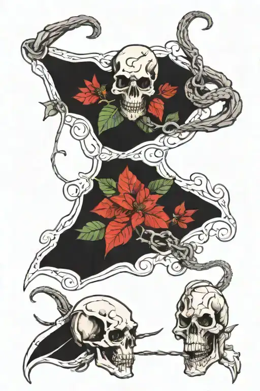 sleeve - two coffins, poinsettia, dinosaur skull, snakes and fried wires, skulls on pikes, hellbound knight tattoo design idea