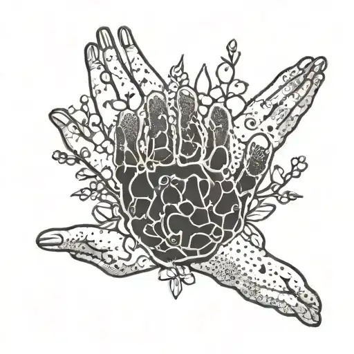 An intricate design of interconnected hands reaching out to help each other, with small flowers and paw prints scattered throughout, representing the client's passion for volunteering and animals tattoo design idea