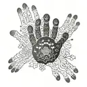 An intricate design of interconnected hands reaching out to help each other, with small flowers and paw prints scattered throughout, representing the client's passion for volunteering and animals tattoo design idea