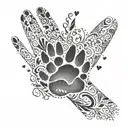 An intricate design of interconnected hands reaching out to help each other, with small flowers and paw prints scattered throughout, representing the client's passion for volunteering and animals tattoo design idea