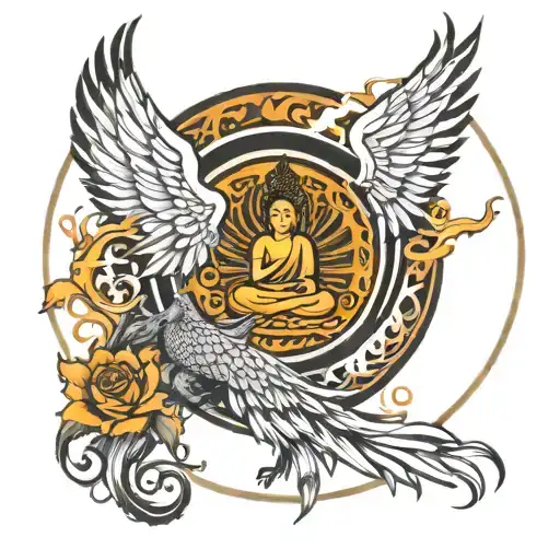 budha in black circle with phoenix wings on sight  tattoo design idea