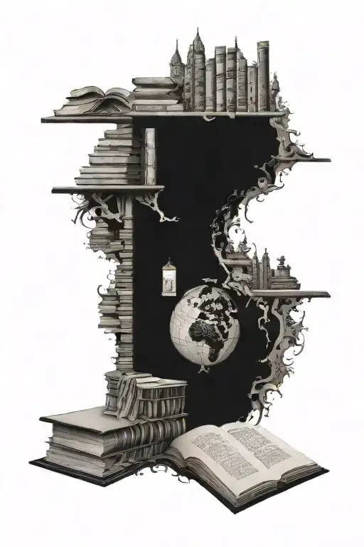 An intricate tattoo of a library filled with books and a world map, symbolizing the passion for learning everything tattoo design idea