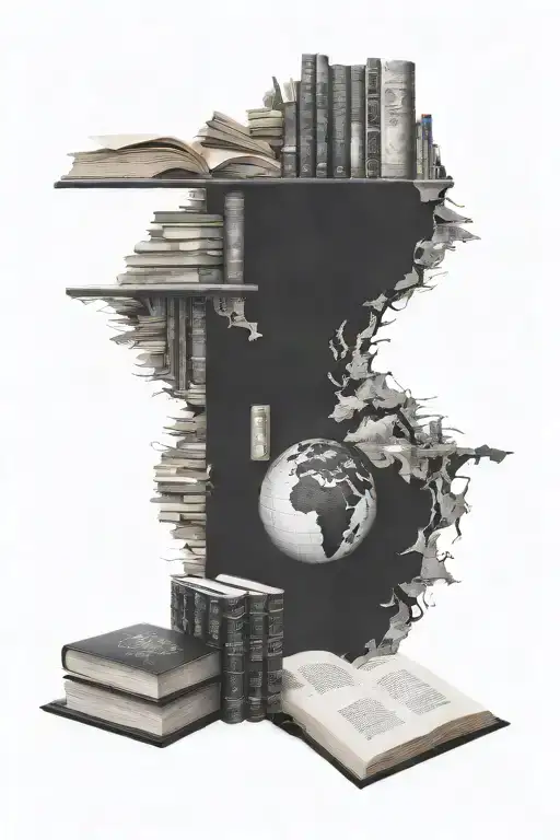 An intricate tattoo of a library filled with books and a world map, symbolizing the passion for learning everything tattoo design idea