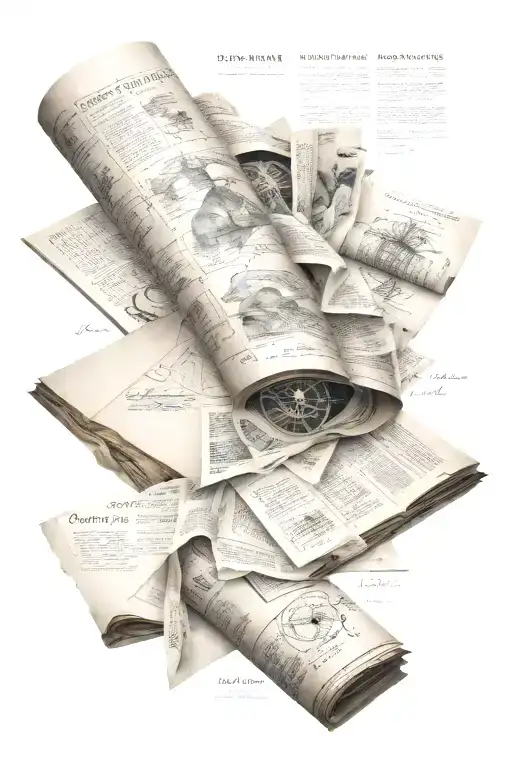 sleeve tattoo: a pile of loose paper documents spread out with scientific imagery pages, Davinci codex, history, crumple tattoo design idea