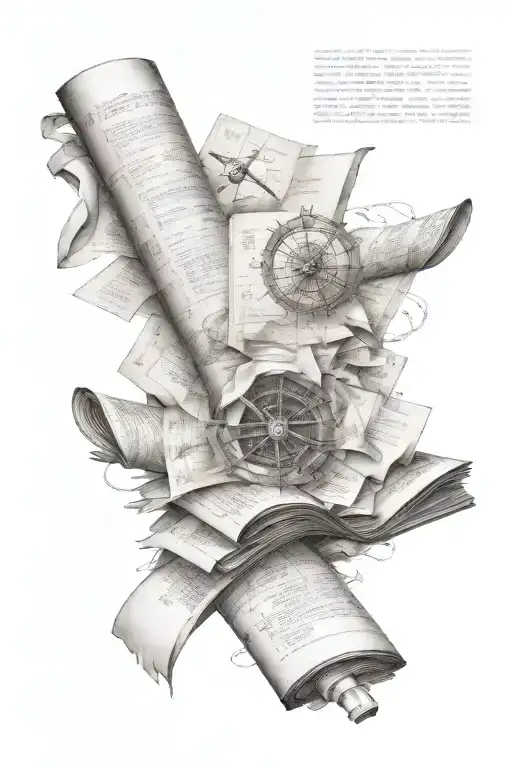 sleeve tattoo: a pile of loose paper documents spread out with scientific imagery pages, Davinci codex, history  tattoo design idea