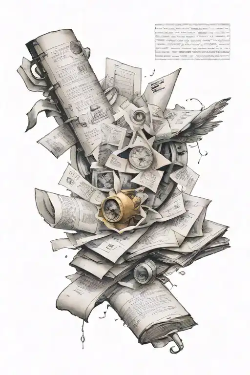 sleeve tattoo featuring a pile of loose papers and documents spread out with scientific imagery on the pages tattoo design idea