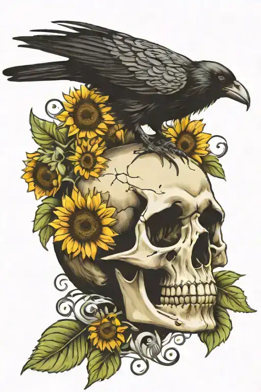 Crow sitting on human skull surrounded by sunflowers tattoo design idea