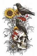 Crow sitting on Human skull surrounded by sunflowers tattoo design idea