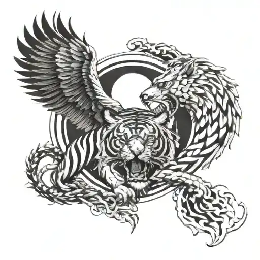 A tiger and eagle intertwined in a yin yang symbol, representing balance of power and protection tattoo design idea