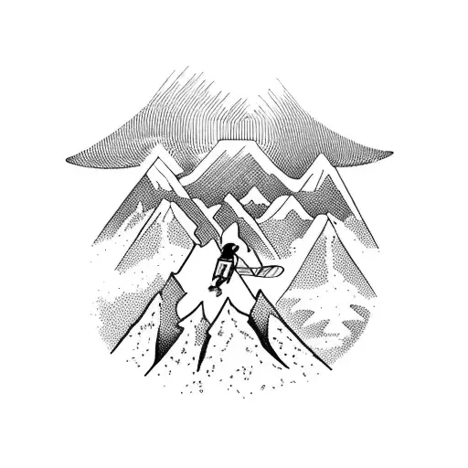 A blackwork tattoo of a ski jumper mid-air, with mountains in the background tattoo design idea