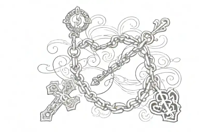 wrist charm rosary beads with cross , letters DJRS and a paw tattoo design idea