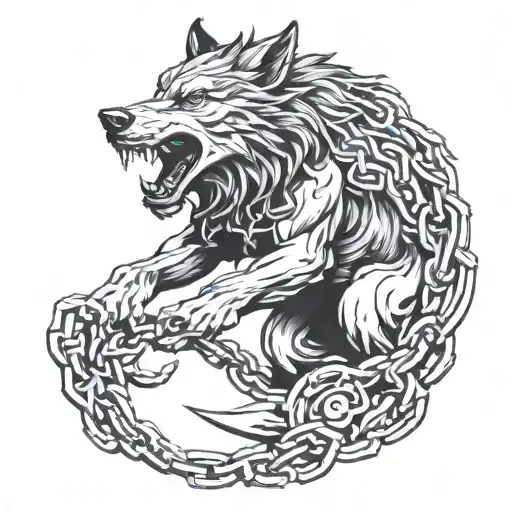 fenrir wolf breaking free from chains tattoo design idea