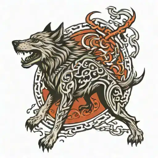 fenrir wolf breaking free from chain with back ground tattoo design idea