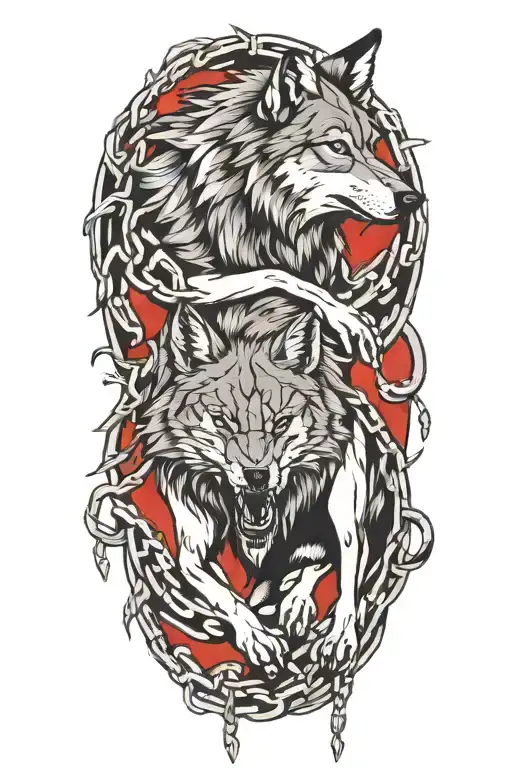 wolf breaking free from chains with back ground tattoo design idea