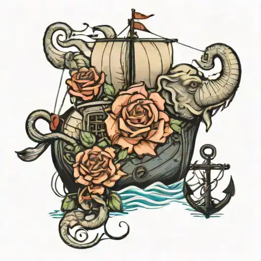 elephant ship sailing through stormy dying roses wrapped anchor tattoo design idea