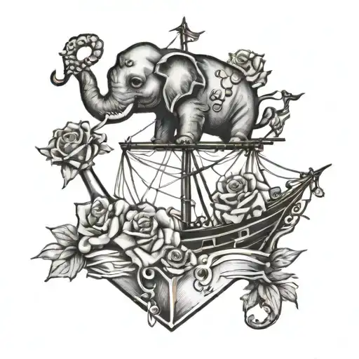 elephant ship sailing through stormy dying roses wrapped anchor honda cbr50 tattoo design idea