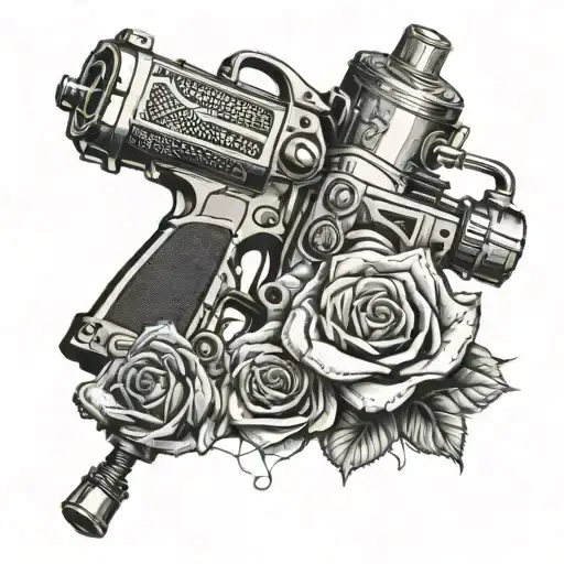 Tattoo machine gun with rapper artist, mic, money rose, sexy, brain  tattoo design idea