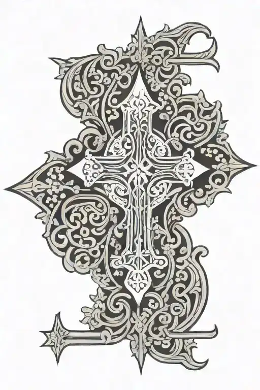 Basque cross and curved needle tattoo design idea