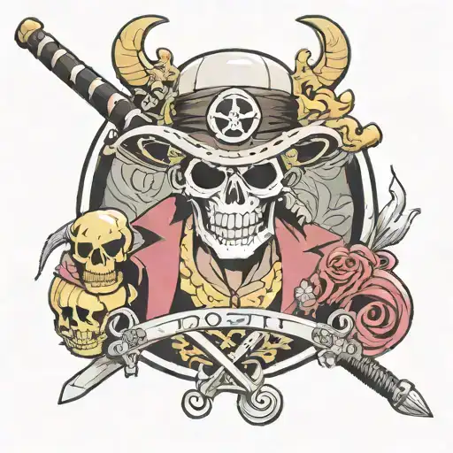 doflamingo pirate skull wearing a cap with obito uchiha staff crossing-over whitebeard blade behind tattoo design idea