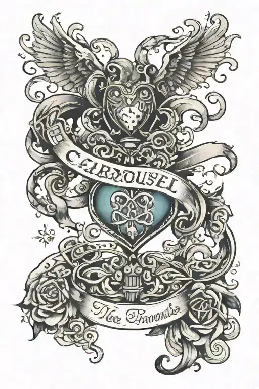 heart intertwined with infinity symbol. with "the carousel never stops turning" written down spine tattoo design idea