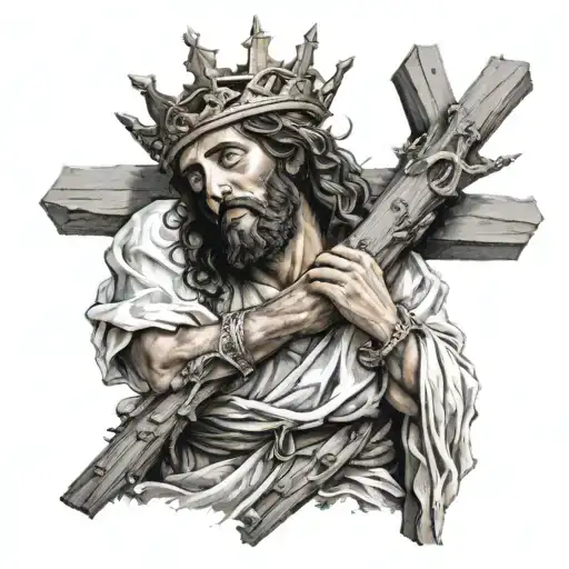 Jesus carrying a cross wearing the crown of thornes  tattoo design idea
