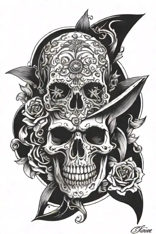 tango dancer skull surrounded tattoo design idea