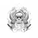 sledgehammer with fire and the words "kushti bok" above the head tattoo design idea