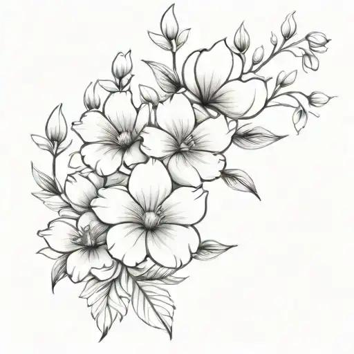 An elegant black-grey tattoo design of a bouquet of January and October birth flowers with subtle shading and detailing, incorporating silhouettes of children playing and laughing, representing the client's dedication and love as a mother tattoo design idea