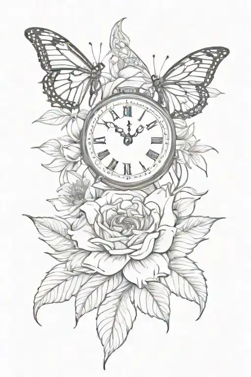 lily flower, rose, sunflower, butterfly, clock face tattoo design idea