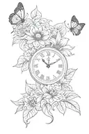 lily flower, rose, sunflower, butterfly, clock face tattoo design idea