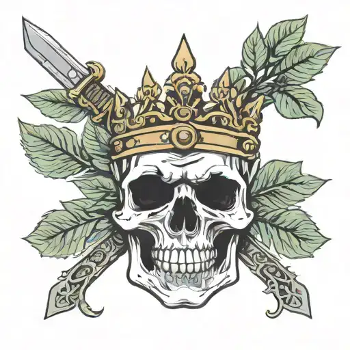 human skull face on, wears a crown of laurel leaves. Three roman swords pierce the skull,  tattoo design idea