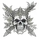 human skull face on, wears a crown of laurel leaves. Three roman swords pierce the skull,  tattoo design idea