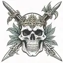 human skull face on, wears a crown of laurel leaves. Three roman swords pierce the skull,  tattoo design idea