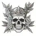human skull face on, wears a crown of laurel leaves. Three roman swords pierce the skull,  tattoo design idea